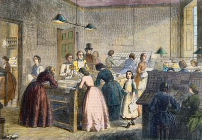 Women compositors at the printing office of the Victoria Press, Great Coram Street, London, in 1860 by English School